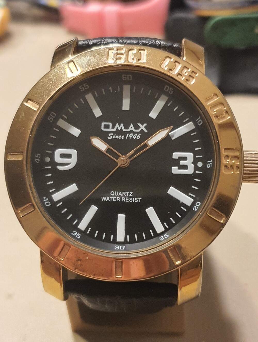 Omax Goldtone/Black Leather Diver Style Men's Watch *Send Offers*